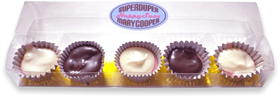 A box of chocolates with the logo for superduper mary cooper.