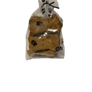 A bag of dog treats with paw prints on them.